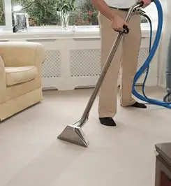 Professional carpet cleaner using a hot-water extraction wand and hose machine in a living room in Staten Island, NY.