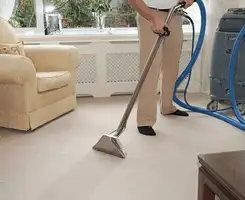 Carpet cleaning professional removing dirt and stains with a hot-water extraction tool in a home, Staten Island, NY.