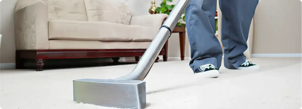 Carpet cleaning technician using a hot-water extraction wand on a light-colored carpet in a living room, Staten Island, NY.