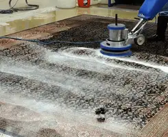 Professional rug cleaning with a rotary floor machine and shampoo foam, deep-cleaning an area rug, in Staten Island, NY.
